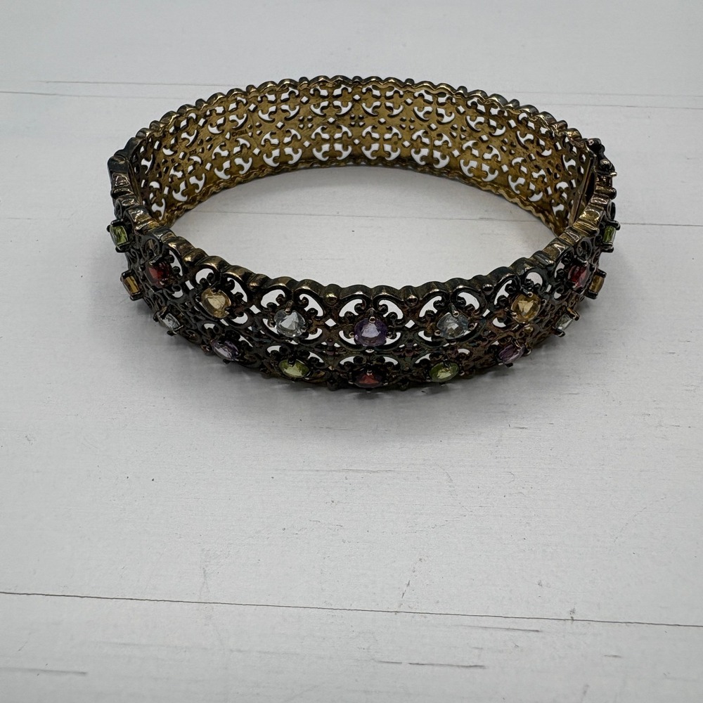 Women's Gold Toned Sterling Silver 925 Bangle Red Green Purple Blue Bracelet 8"